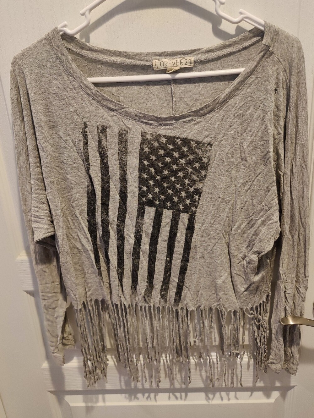 Forever 21 Grey USA Flag Fringe Quarter Sleeve Fringe Crop Tee Shirt